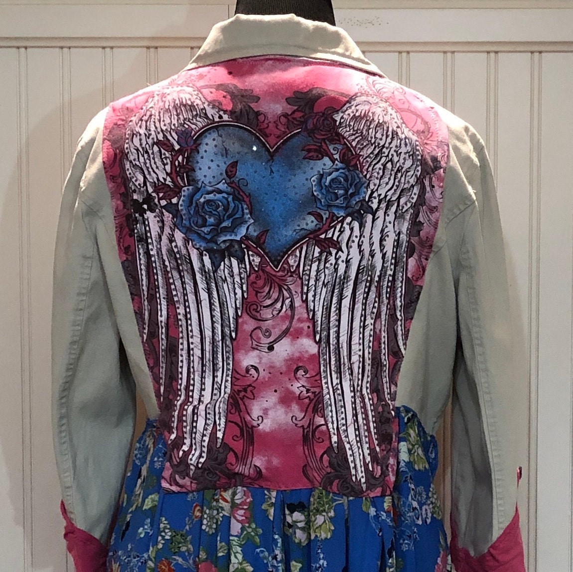 Womens upcycled duster jacket cream blue pink flowered angel wings ...