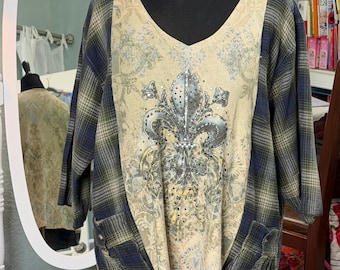 Upcycled womens tunic: green gold plaid flannel gold fluer de lis  pattern graphic tee