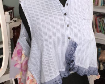 Upcycled blue striped cotton blouse: pleated flowered hem, vintage lace, ruffled collar, summer button up