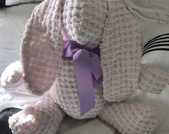 stuffed bunny rabbit pink vintage chenille bunny handmade Childs gift embroidered purple grosgrain ribbon tie Peony the Easter bunny