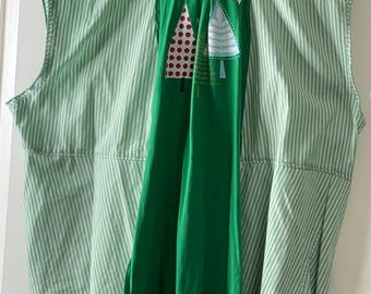 Upcycled green stripe sleeveless shirt: holiday wear, lime green tee bottom and back, Christmas tree inset, plus size