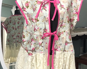 Womens aqua blue paris roses print cotton jacket pink tie front plus size handmade top vintage cream lace ruffle peplum cap sleeve