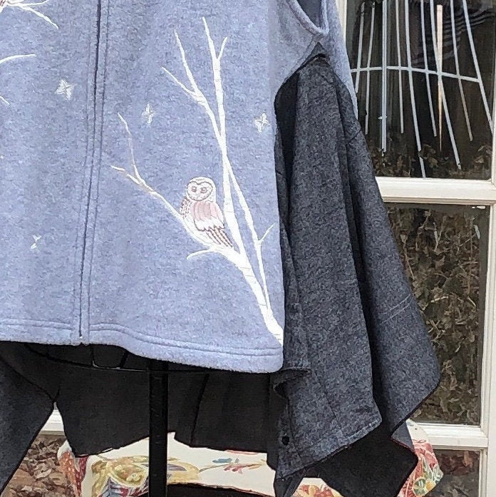 Womens Gray Fleece Vest Owl Embroidery Gray Shirting Side Etsy
