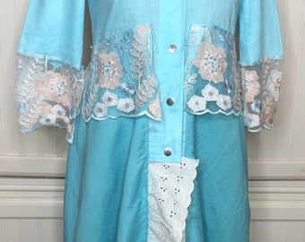 women’s aqua linen duster jacket upcycled jacket linen flowing skirt vintage lace peplum light weight long jacket linen lined cutwork skirt