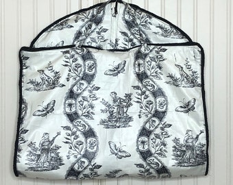 Garment bag travel lite black white print toile upholstery fabric rope trim zip pocket light weight travel bag gift for her carry all