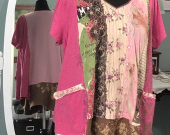 Womens  upcycled tee shirt tunic pink brown cream lace trim upcycled tee bling plus size two pocket tunic