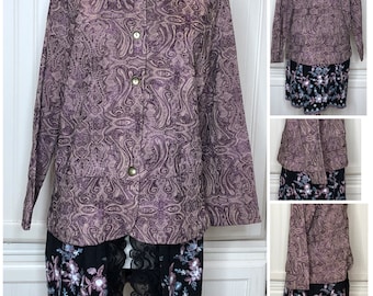 Wine women’s jacket upcycled jacket wine burgundy flower embossed silk jacket light weight long jacket embroidered black tulle skirt duster