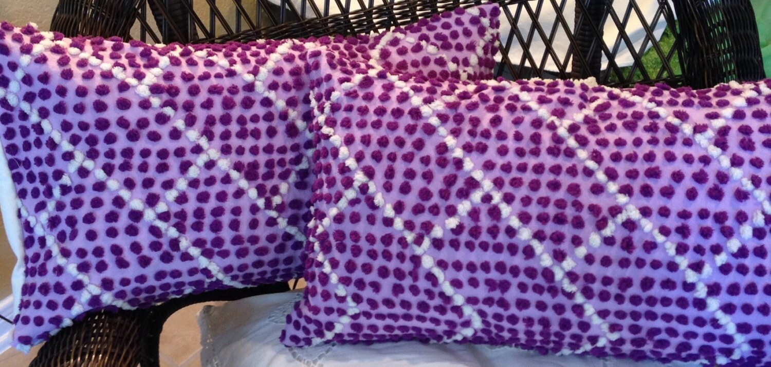 Chenille Pillow Cover Repurposed Vintage Purple Dot Lumbar Pillow