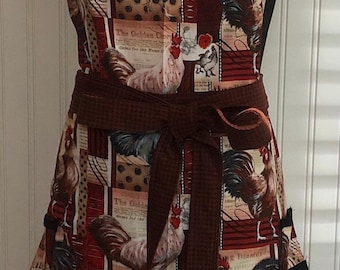Apron kit Women's full rooster chicken theme black cream red ruffled cotton shabby chic rooster print bodice rust red gingham ruffled apron
