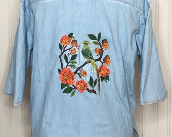 Women’s light blue embroidered denim shirt bird flower chinoiserie embroidered leave stitch detail Large light weight denim shirt up cycled