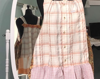 Women’s summer tunic tank top white tan orange cotton upcycled button front top sleeveless lightweight ruffled embroidered hem plus size