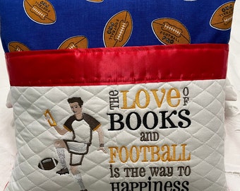 Pocket pillow football boy embroidery Red satin trim reading pillow gift for boy reading pillow football print cotton red flannel back zip