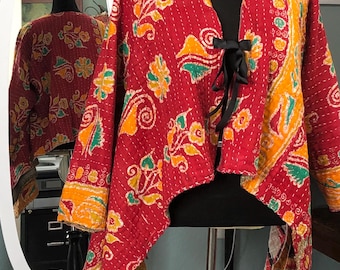 Womens reversible shrug jacket taupe black red orange flowered plus size tunic kantha quilt  kimono sleeve light weight cotton