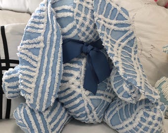 stuffed bunny rabbit blue vintage chenille bunny handmade Childs gift embroidered blue grosgrain ribbon tie Bunny the Easter bunny