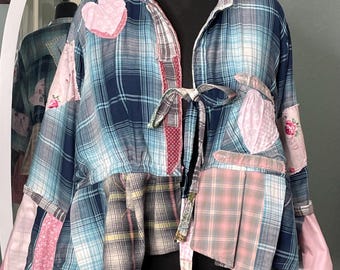 women’s crop jacket reversible upcycled flannel plaid shirt jacket gray blue pink Paris theme plus size ruffled hem flared sleeves