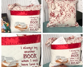 Book pocket pillow reading pillow gift for her book club embroidered pillow cover reading theme pillow red toile cream vintage print