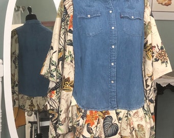 Women’s upcycled denim blue tunic shirt kimono sleeve top pearl snap closure plus size ruffled hem navy orange cream leaf print panels