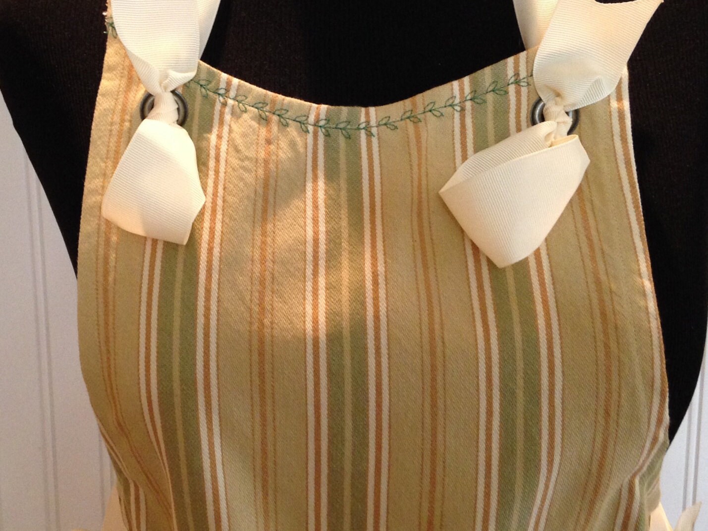 Full apron stripe cotton ticking - kaki green & tan cream grosgrain ...
