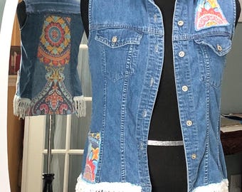 Upcycled quilted Denim Vest: Women's size Small, boho chic, button front, vintage chenille fringe trim
