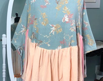 Womens upcycled green orange tee shirt ruffled cape style top one size orange tan patchwork tee swing hi low gathered skirt quarter sleeve
