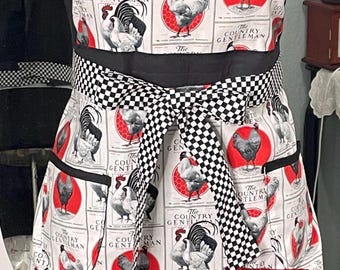 Ruffled Rooster Apron: Quilted Cotton, Vintage Button Detail
