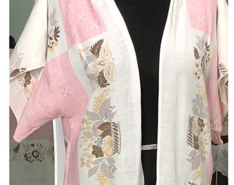 Women’s handmade linen kimono robe vintage linen upcycled tablecloth short sleeve long robe pink while gray flowered