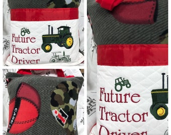 Childs reading book pocket pillow gift for boy embroidered tractor farm hat print gray red camo fleece red satin trim white quilted pocket