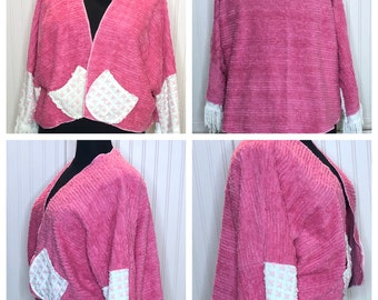 Womens Vintage chenille kimono crop jacket Bright pink and rosebud chenille upcycled handmade plus size jacket