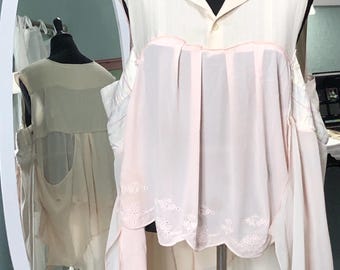 Women’s summer tunic tank top cream light peach pink cotton upcycled button front top sleeveless light ruffled embroidery hem plus size