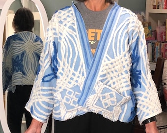 Vintage chenille kimono crop jacket; white, dark blue, upcycled handmade plus size