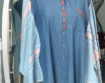 Women’s plus size denim chenille shirt blue white embroidered roses kimono sleeve vintage blue chenille upcycled long sleeve shirt