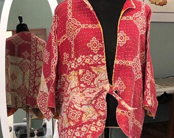 women’s kimono jacket red tan orange print kantha cotton quilted handmade reversible jacket vintage tie front free size