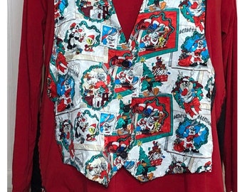 Women’s holiday tunic plus size red tunic tee silky vest loony appliqué red striped cotton ruffle upcycled holly print on black cotton te