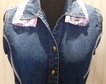 Womens upcycled denim vest embroidered French iris gold fluer de lis vintage lavender lace purple lace trim lilac cotton lace trim