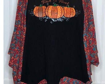 thanksgiving Halloween Fall tunic top black orange pumpkin embroidered plus size upcycled kimono popover top ruffle hem pockets
