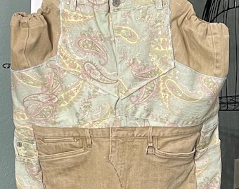 Womens capri dungarees beige green yellow paisley plus size upcycled jumpsuit overalls 1X adjustable ties pull on easy fit