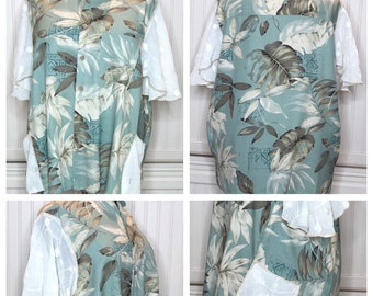 Women’s button front tunic green taupe silk tropical leaf print white vintage embroidered lace sleeves pockets plus size upcycled shirt OOAK