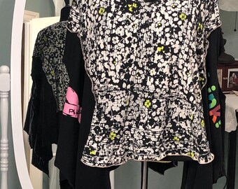Womens black white yellow flowered plus size tunic tee up-cycled tee pocket sleeveless free size think 360