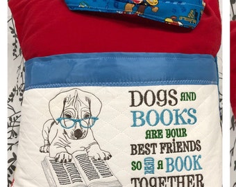 Childrens pocket pillow embroidered reading dog red blue yellow fleece blue satin trim white quilted pocket birthday gift for child