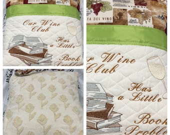 Pocket pillow Book club reading pillow wine book club gift embroidered wine glass Book red toile dark red wine green white cream white wine