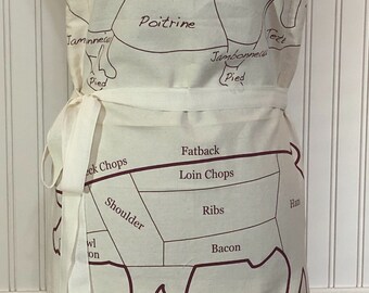 Women's full apron french theme Chat Noir cream wine script pig pork chop BBQ easy fitting adjustable beige webbing ties one size fits most