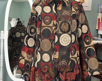 Upcycled Plus Size Jacket: Paisley Scarf Hem, Circle Print, Zip Front