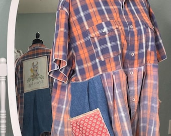 women’s upcycled orange blue plaid shirt tunic blue denim orange blue plaid cotton pleated shirt llama appliqué back