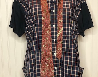 Shirt-Tee Womens upcycled navy blue plaid shirt Irish tee back shirt sleeve button up XL upcycled shirt A line pop over tunic cotton