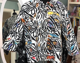 Upcycled Zebra Print Jacket: Embroidered Flowers, Plus Size Cape