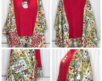 Women’s holiday tunic tee red kimono sleeve snowman appliqué rhinestone holiday cotton red bird snowmen ornaments sides ruffle plus size