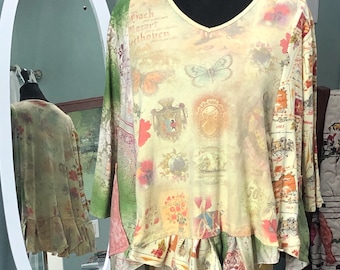 Upcycled butterfly Graphic Tunic Top: yellow orange beaded wine theme, Plus Size 2X