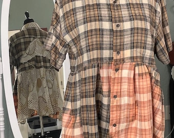 women’s upcycled brown orange plaid shirt tunic bleach faded cotton flannel pleated shirt brown polyester flared ruffled hem