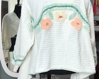 Womens Vintage chenille crop jacket white flowered handmade plus size jacket frenchfold zero waste style