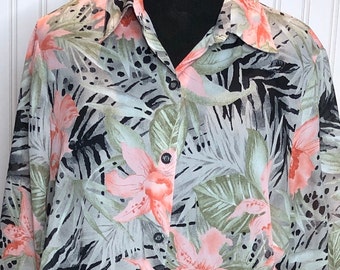 Women’s plus size tunic top button front tropical flowered light weight shirt black green orange upcycled ruffled hem quarter sleeved top